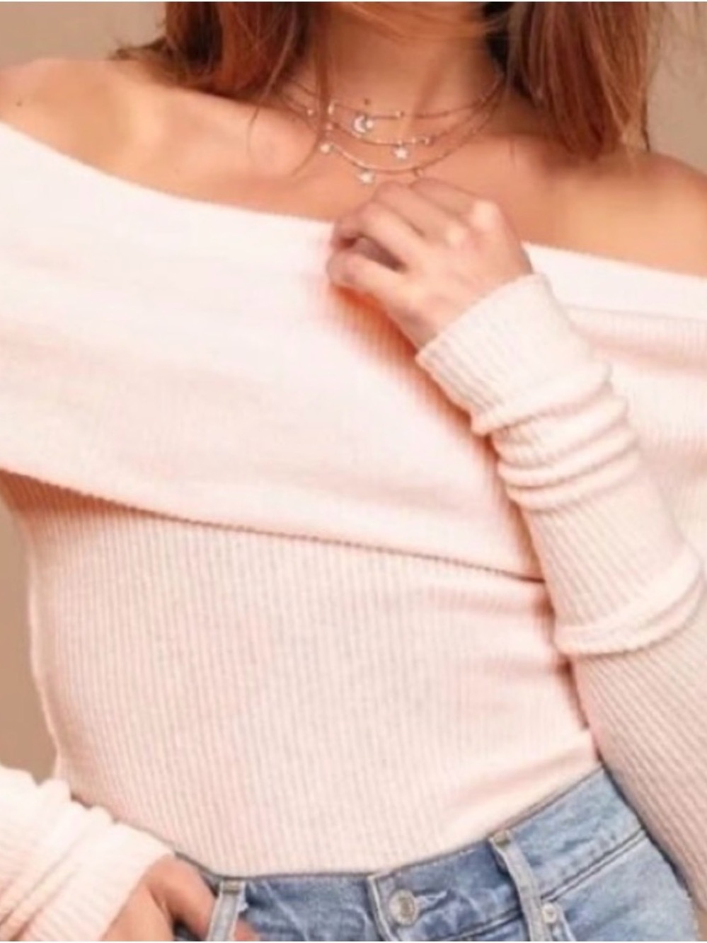 We the free people Snow Bunny Sweater off the shoulder ribbed light pink Small